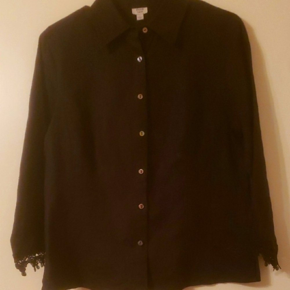 Think Tank Linen Black Button-Up Shirt with Lace Cuffs, Side Slits, Size L